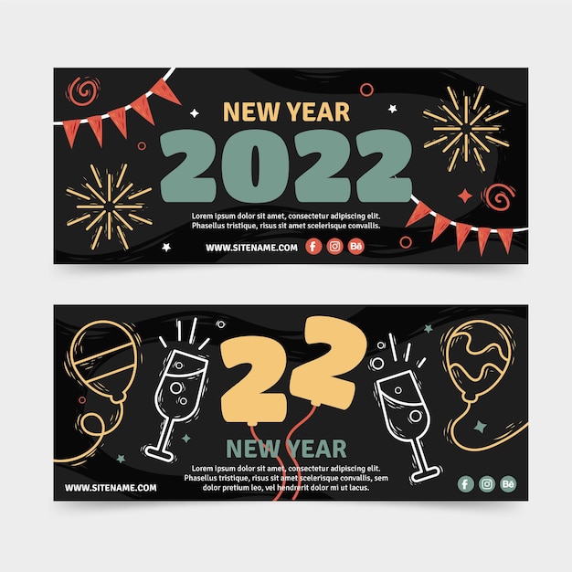 Hand drawn new year horizontal banners set