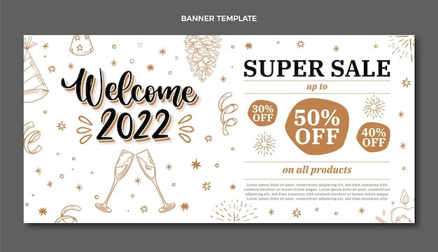 Hand drawn new year horizontal sale banner