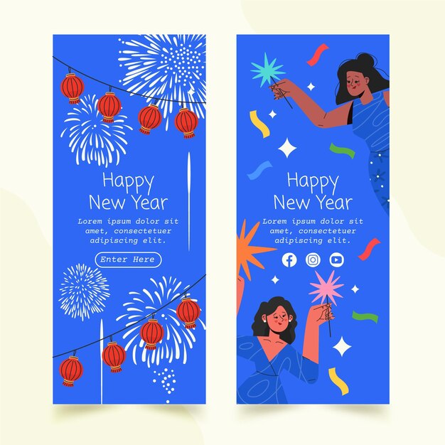 Hand drawn new year vertical banners set