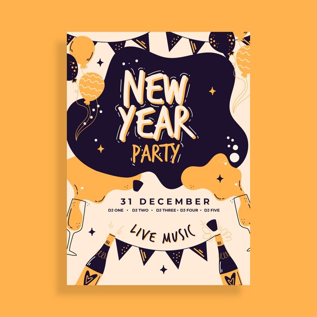 Hand drawn new year vertical party flyer template