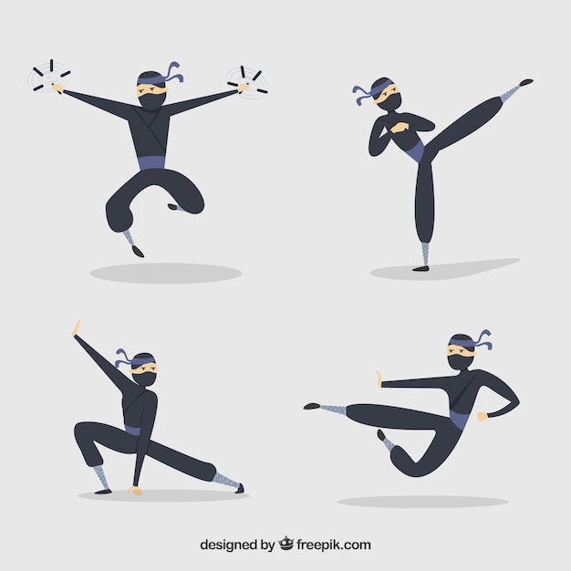 Hand drawn ninja character collection in different poses