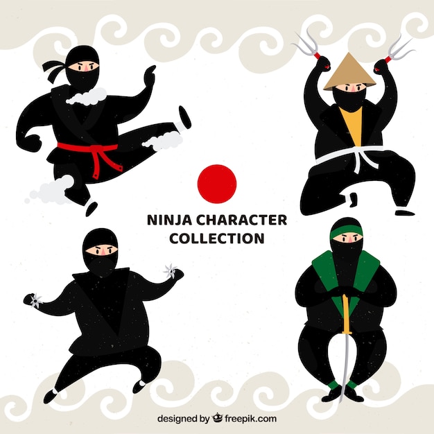 Free Vector hand drawn ninja character in different poses