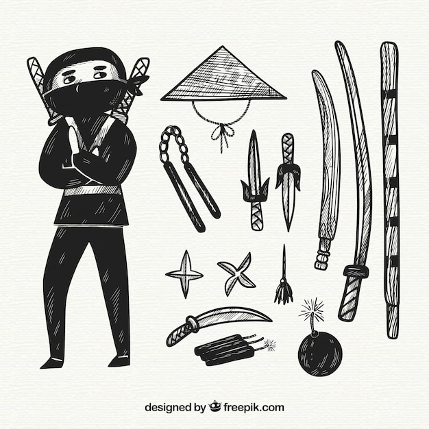 Hand drawn ninja element collection