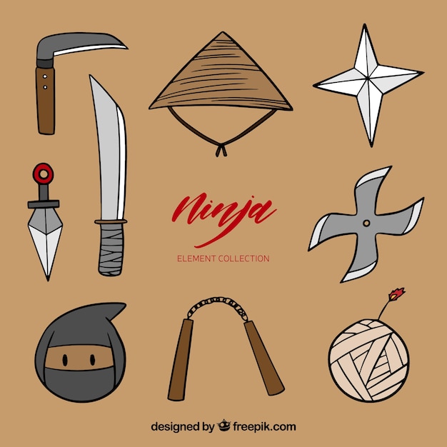 Free vector hand drawn ninja warrior element collection