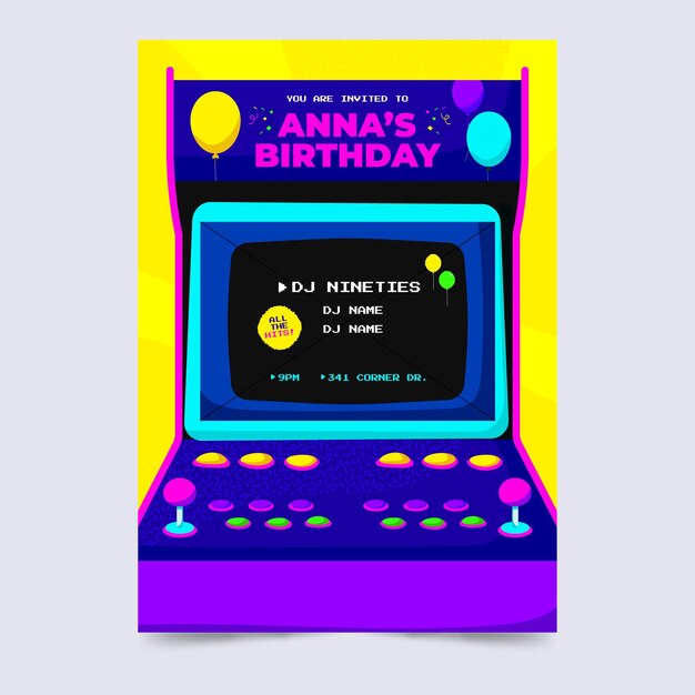 Hand drawn nostalgic 90's birthday invitation template