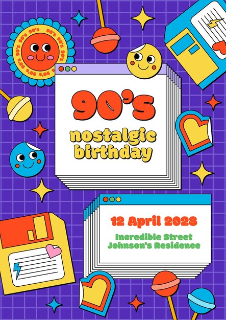 Hand drawn nostalgic 90's birthday invitation