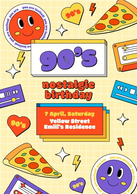 Hand drawn nostalgic birthday invitation