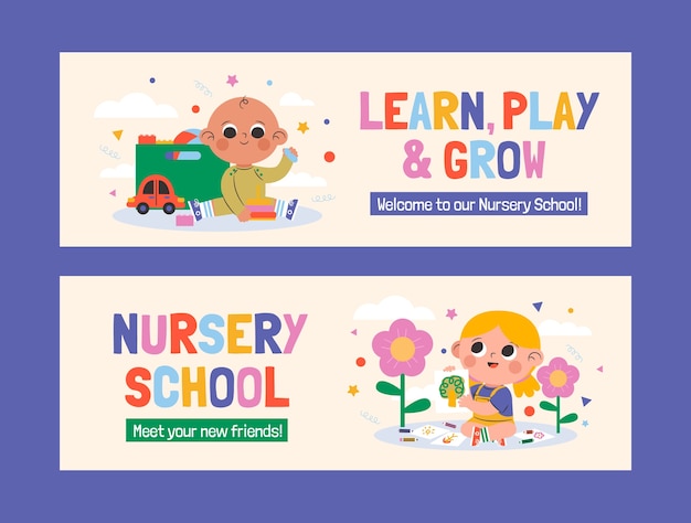 Hand drawn nursery school horizontal banner