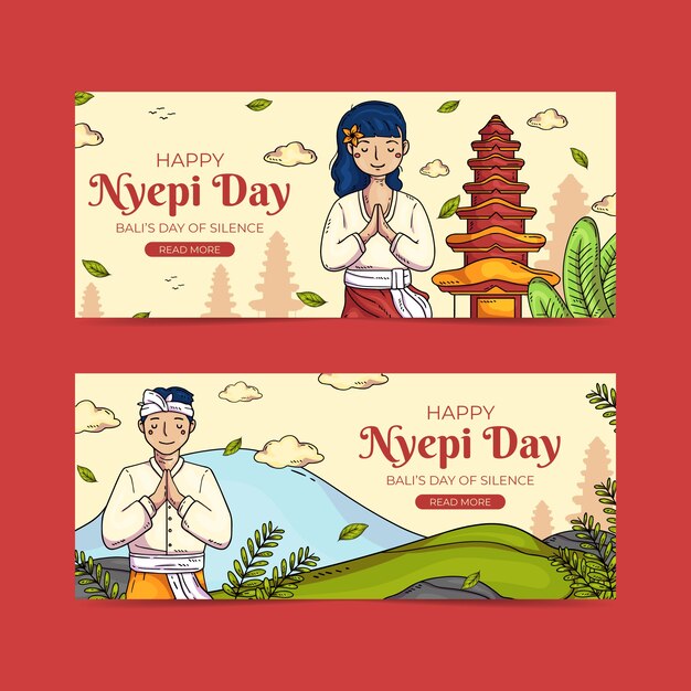 Hand drawn nyepi horizontal banners set