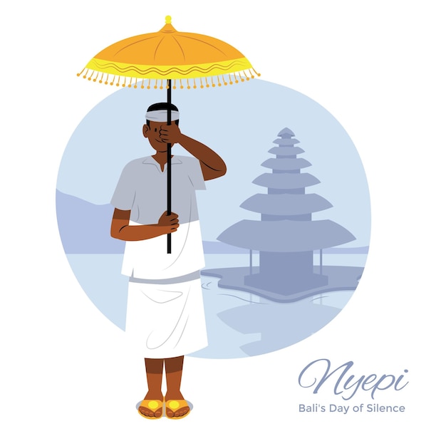 Free Vector hand-drawn nyepi illustration with man holding umbrella