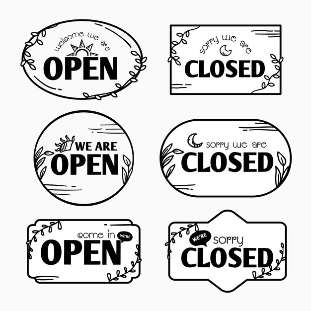 Hand-drawn open and closed sign collection