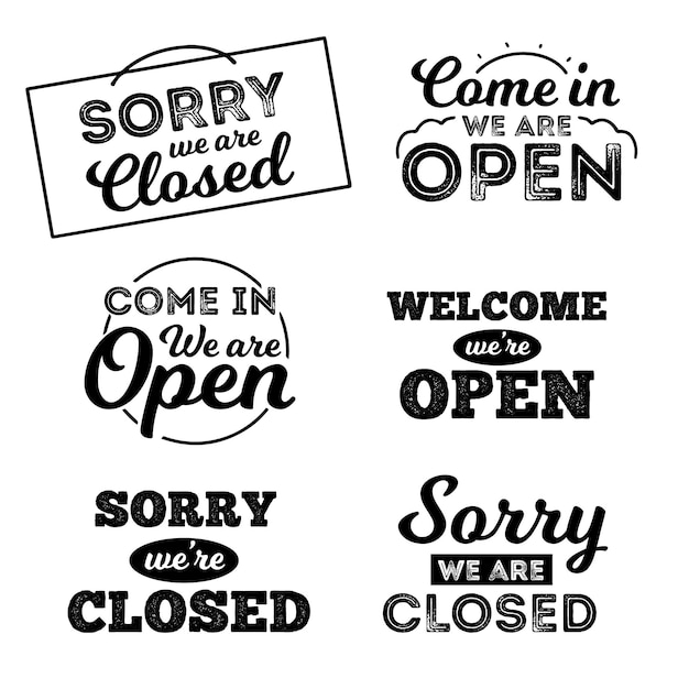 Hand drawn open and closed sign collection