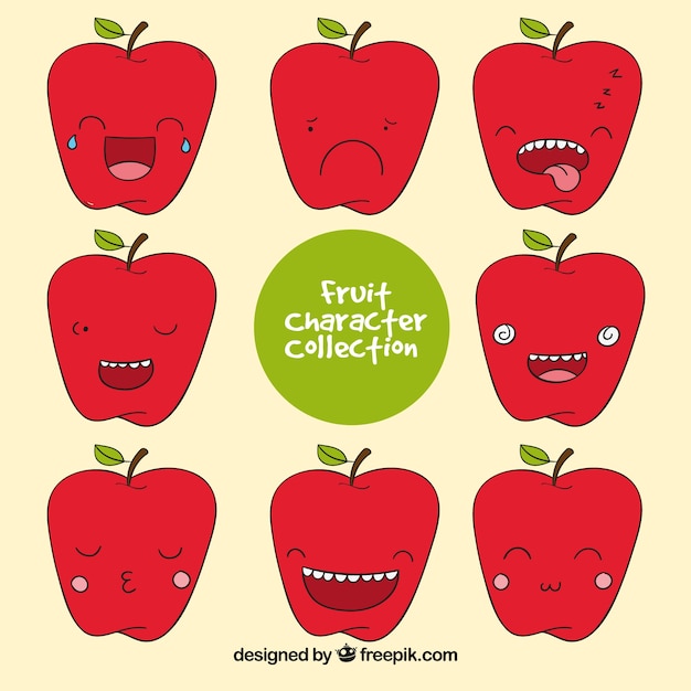 Free Vector hand-drawn pack of apple character with expressive faces