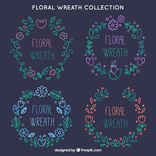 Free Vector hand-drawn pack of decorative wreaths with flowers