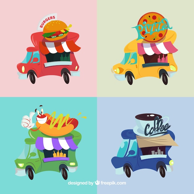 Free Vector hand drawn pack of fun food trucks