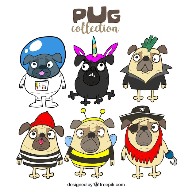 Free vector hand drawn pack of funny pugs