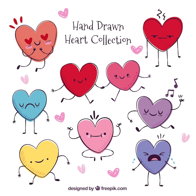 Hand-drawn pack of pretty hearts