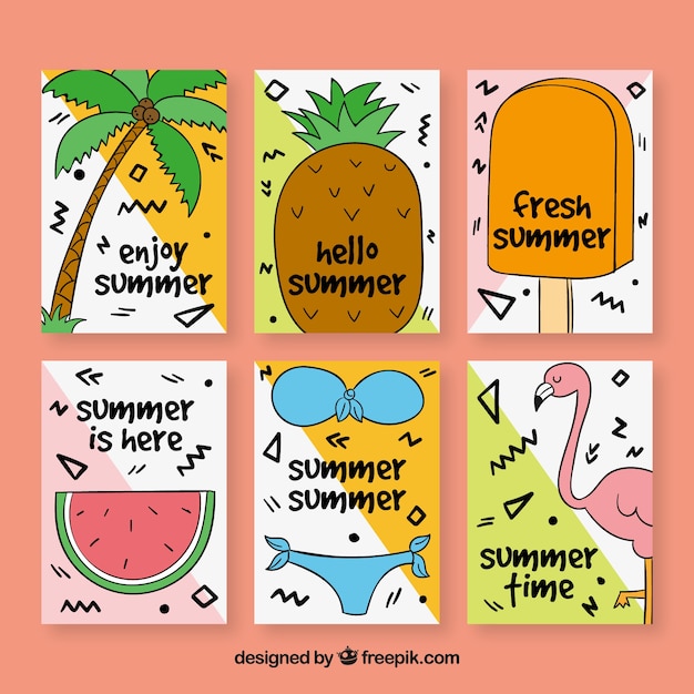 Free Vector hand-drawn pack of six summer cards