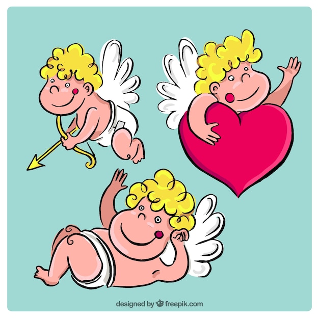 Free Vector hand-drawn pack of three smiling cupid characters