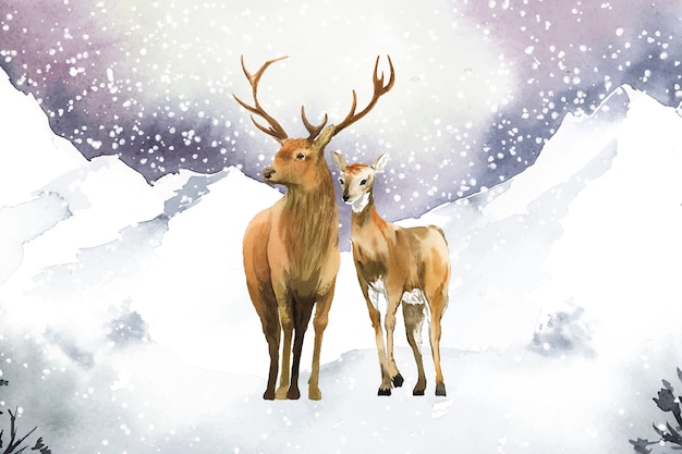 Free vector hand-drawn pair of deer in a winter landscape