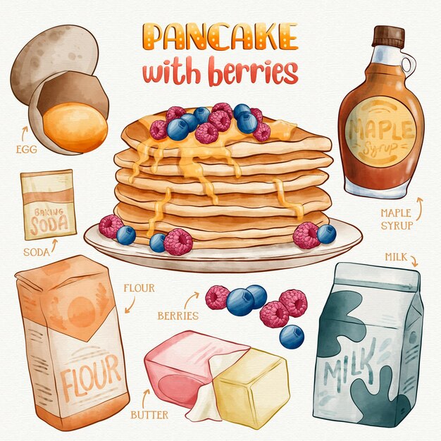 Hand drawn pancake with berries recipe