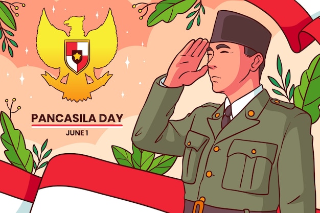 Hand drawn pancasila day background with soldier salute