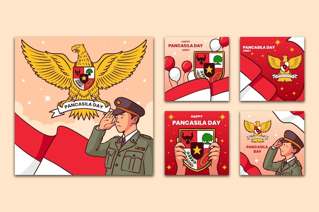 Free vector hand drawn pancasila day instagram posts collection