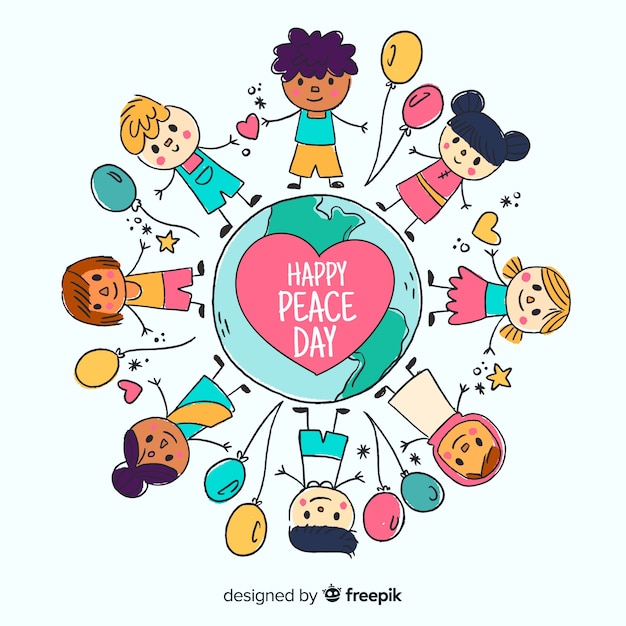 Hand drawn peace day background with children 