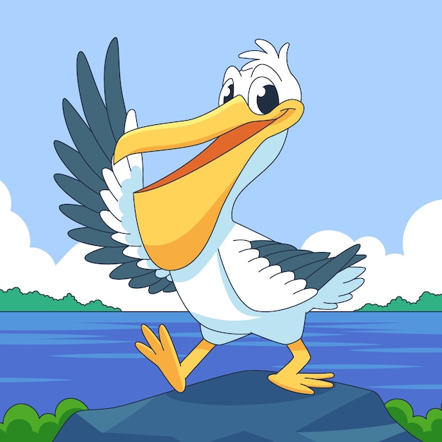 Hand drawn pelican  cartoon illustration