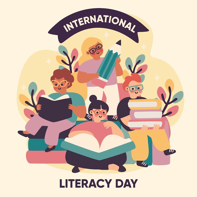 Free Vector hand drawn people celebrating literacy day