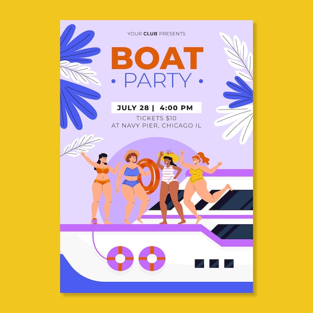 Hand drawn people dancing on boat party flyer