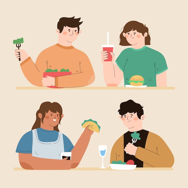 Hand drawn people eating tasty food set