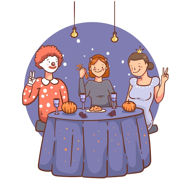 Free Vector hand drawn people halloween having dinner