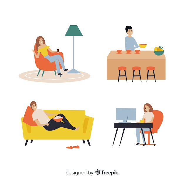 Free Vector hand drawn people at home pack