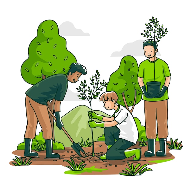 Hand drawn people planting tree illustration