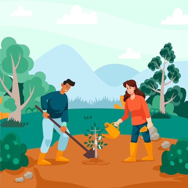 Hand drawn people planting tree