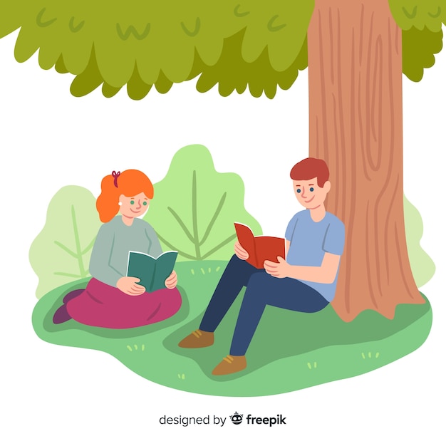 Hand drawn people reading outdoors background