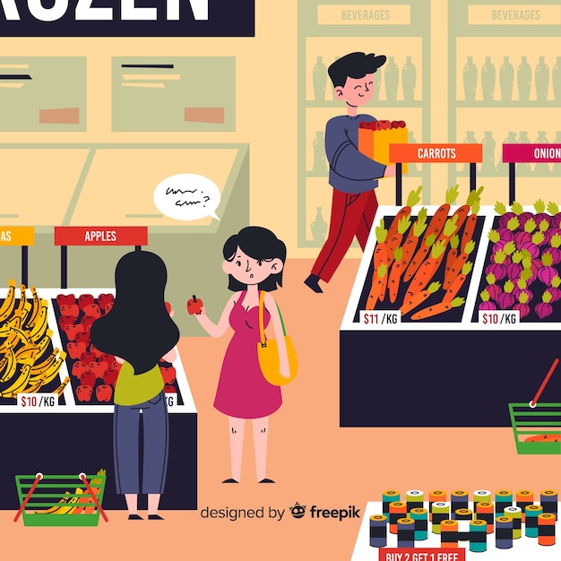 Hand drawn people shopping in the supermarket background