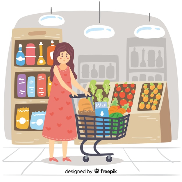 Hand drawn people shopping in the supermarket