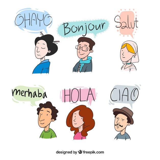 Hand drawn people speaking different languages