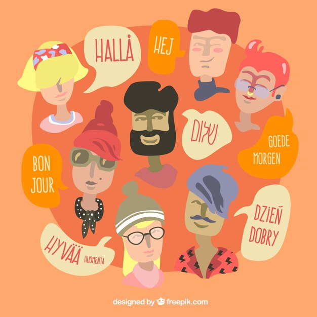 Hand drawn people speaking different languages