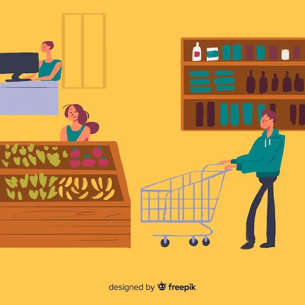 Free Vector hand drawn people in the supermarket background