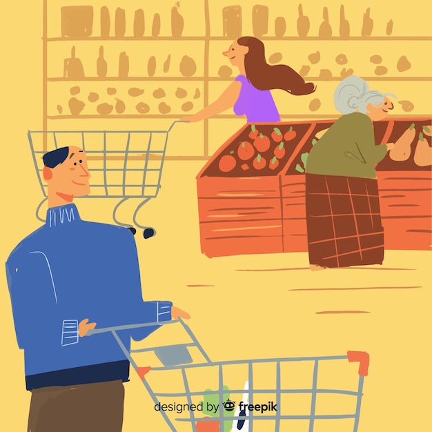 Hand drawn people in the supermarket background