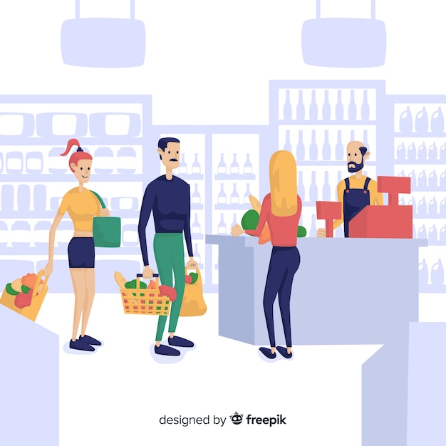 Free Vector hand drawn people in the supermarket background