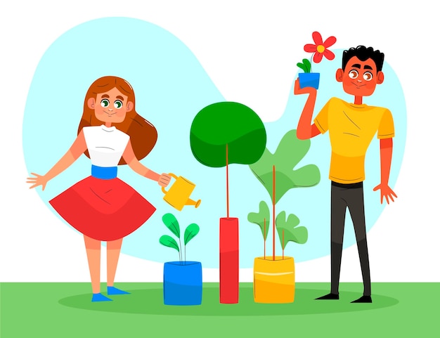 Free Vector hand drawn people taking care of plants outdoors