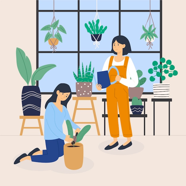 Hand drawn people taking care of plants together