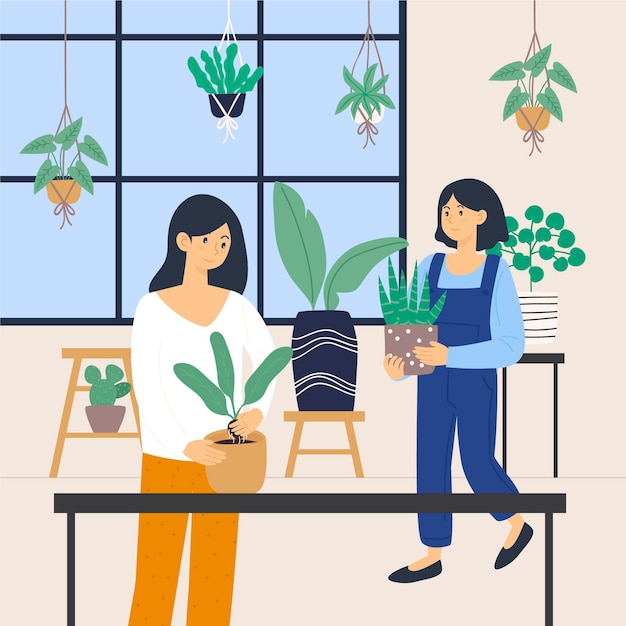 Hand drawn people taking care of plants