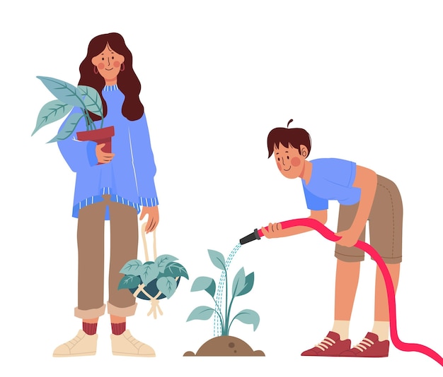 Hand drawn people taking care of plants