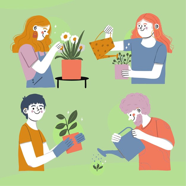 Hand drawn people taking care of plants