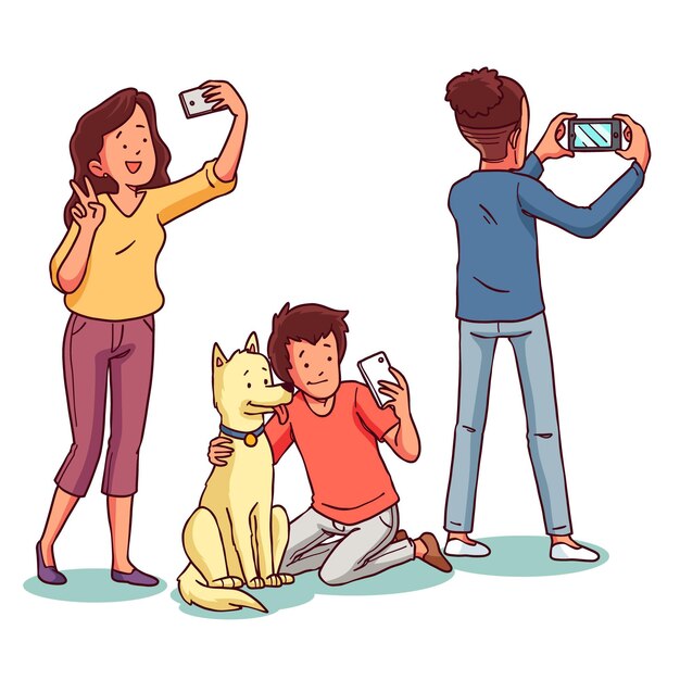 Hand drawn people taking photos with smartphone